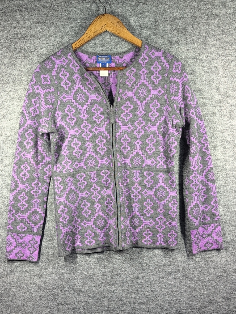 Pendleton Womens S 100 Merino Wool Full Zip Cardigan Sweater Geometric Purple